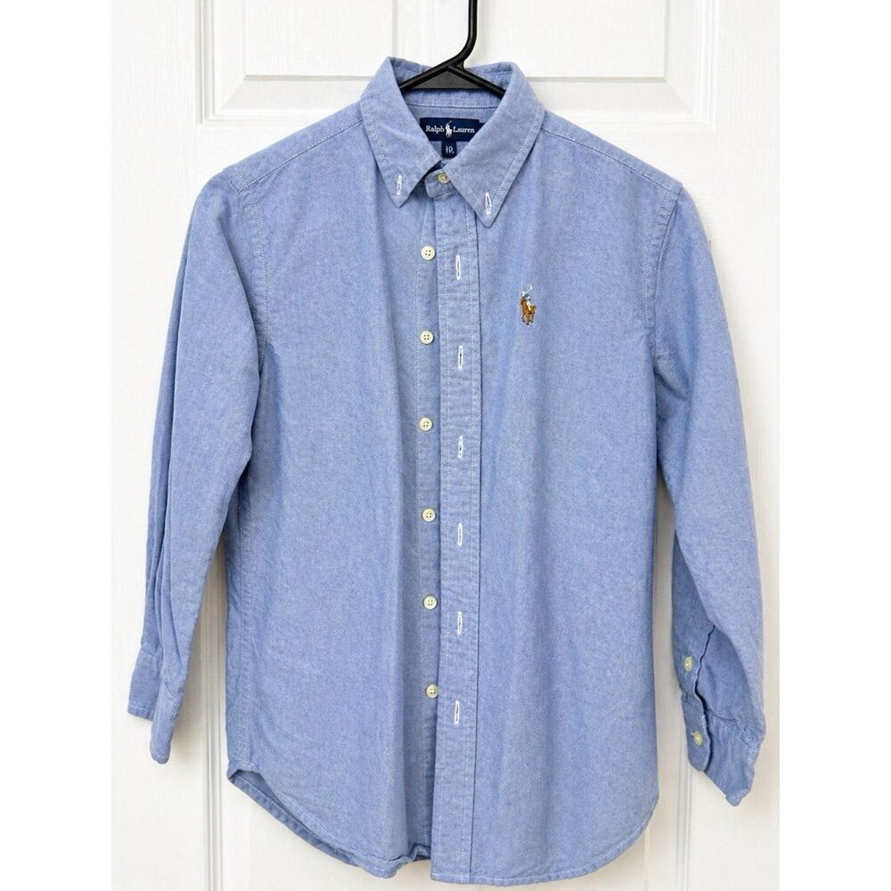 Ralph Lauren Boys Blue Oxford Button Down Shirt Size 10 Cotton Pony